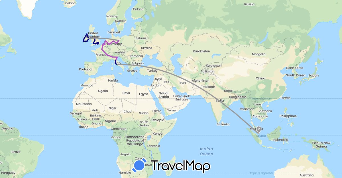 TravelMap itinerary: driving, bus, plane, train in Belgium, Switzerland, Germany, France, United Kingdom, Ireland, Italy, Netherlands, Singapore, Vatican City (Asia, Europe)