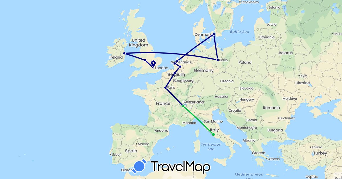 TravelMap itinerary: driving, bus in Belgium, Switzerland, Germany, Denmark, France, United Kingdom, Ireland, Italy, Netherlands (Europe)